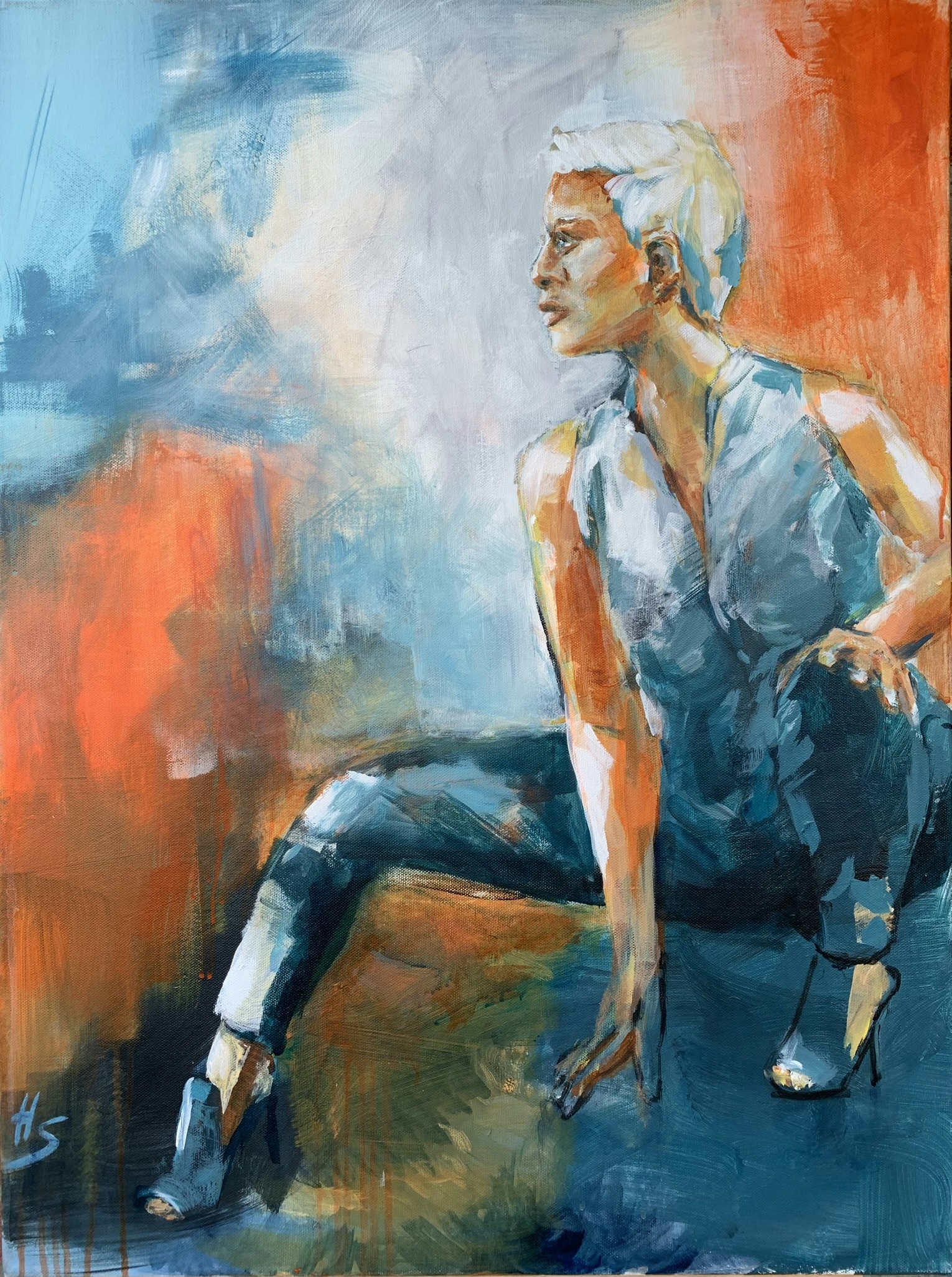 Artwork by Heike Schümann depicts a crouching woman